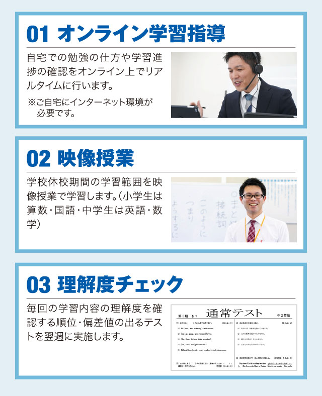 01オンライン学習指導、02映像授業、03理解度チェック